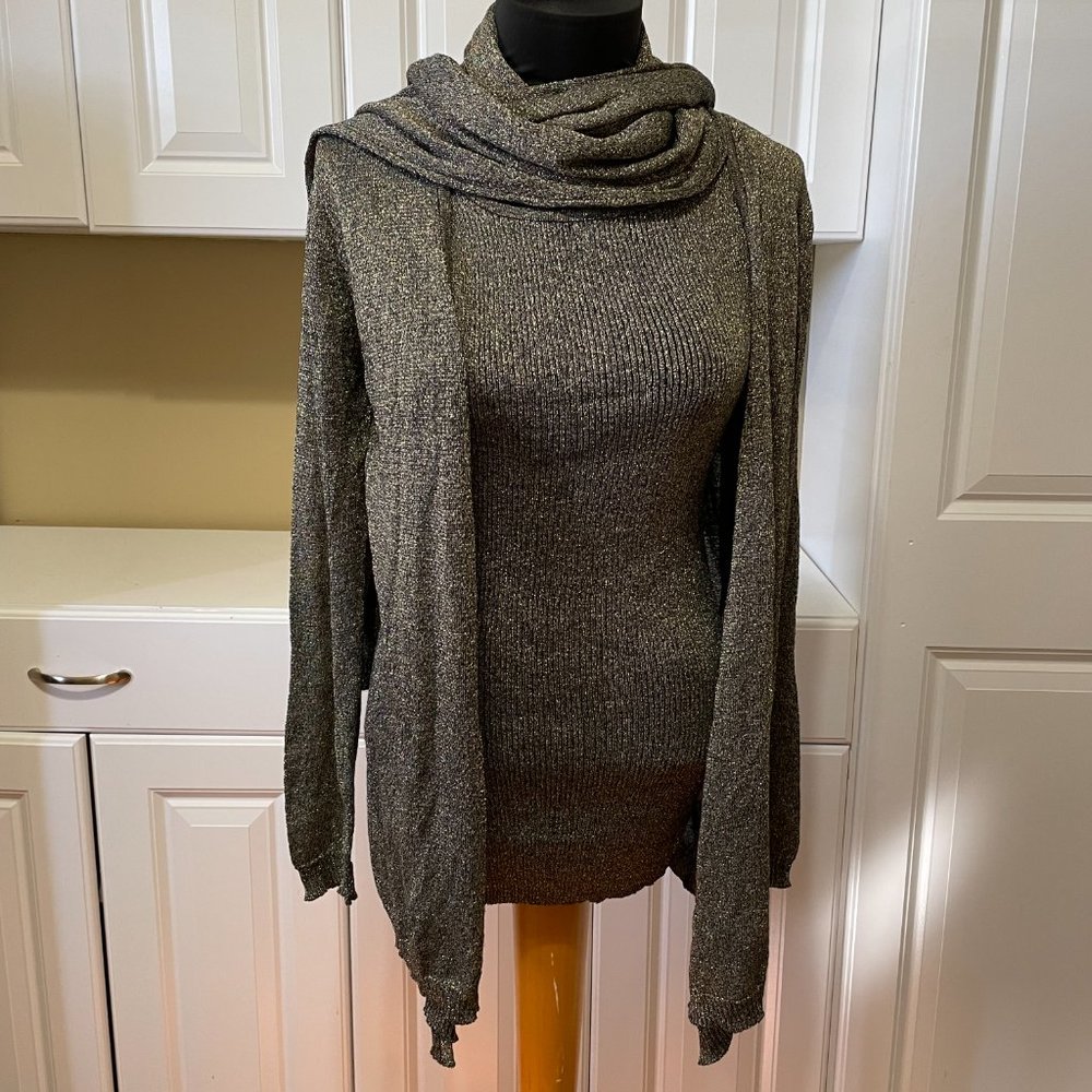 Cartise Black Gold Women Shell & Long Cardigan Set Sz L Versatile Scarf …